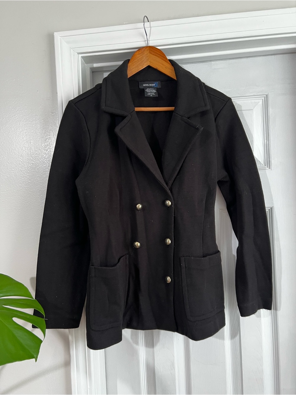 Level Eight Women's Black Double-Breasted Blazer with Gold Buttons